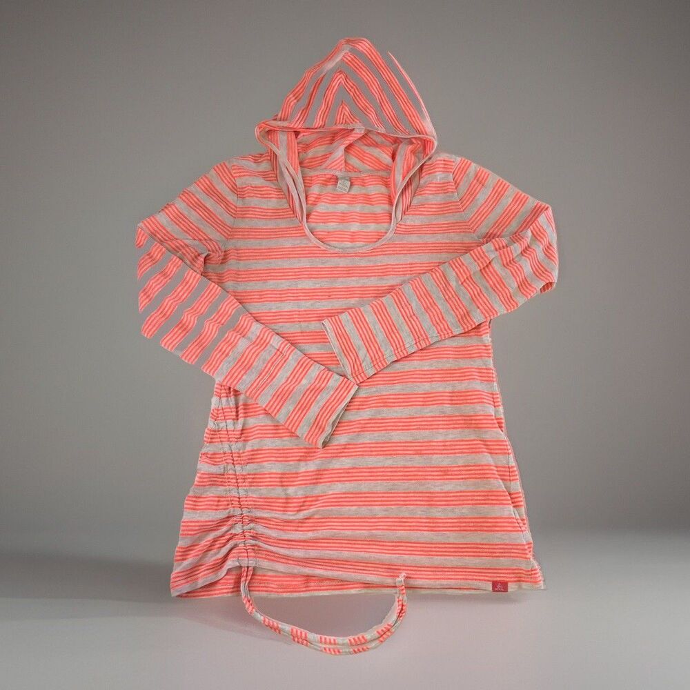 prAna Women’s Lightweight Striped Sun Hoodie Ruched Side Orange & Beige Large